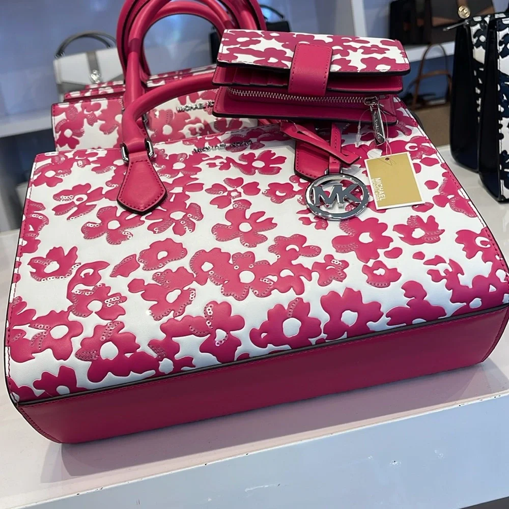 Michael Kors Sheila Md Sequined Floral Print CZ Satchel & JST Md Bi-Fold Wallet - Picture 8 of 16
